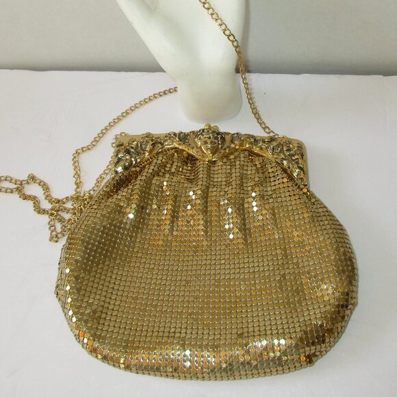 RARE Vintage 1930s Whiting & Davis Figural Face Flower Frame Gold Mesh Purse Bag - Picture 1 of 12